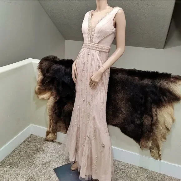 Elegant V-Neck All Over Beaded Glitter Haute Evening Dress